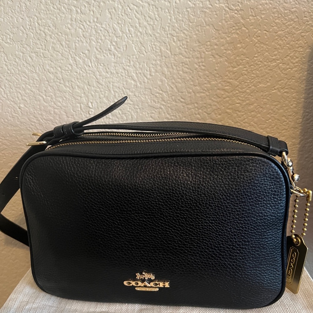 Coach Black Pebbled Leather Crossbody Camera Bag with Gold Hardware